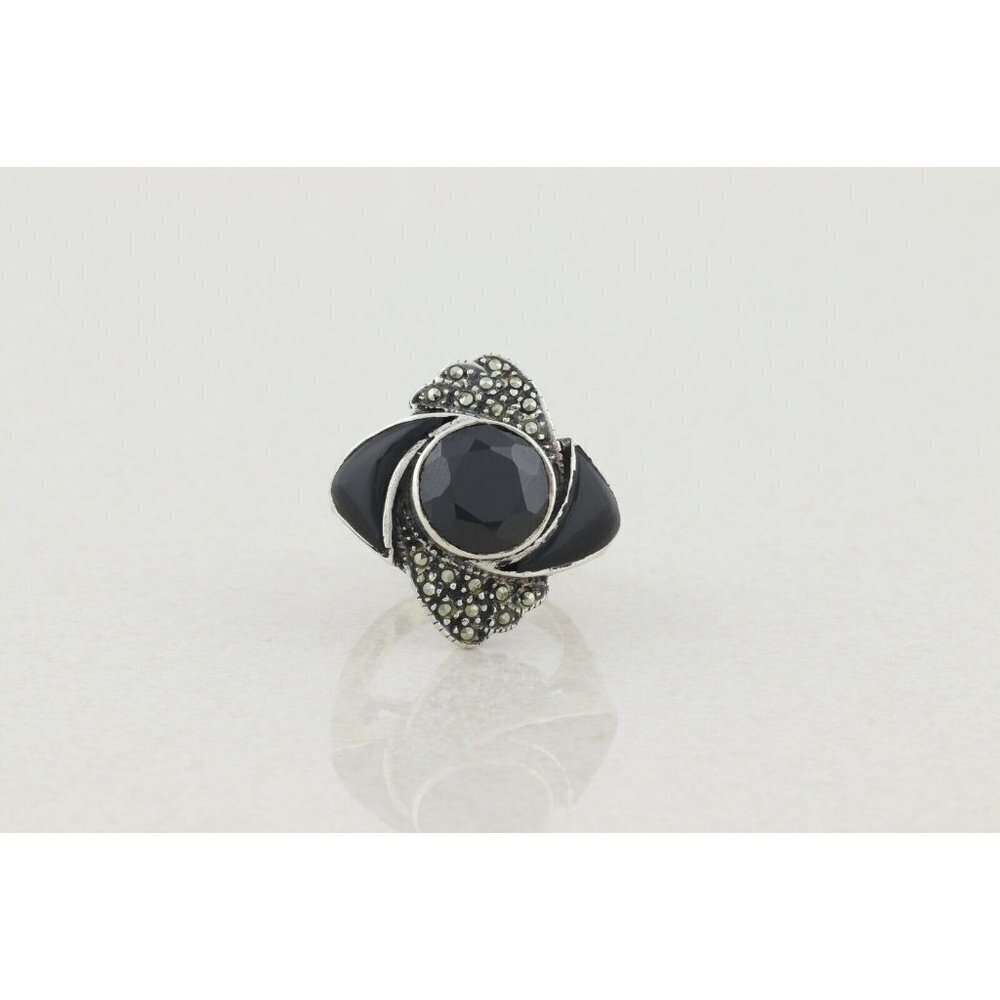 Sterling Silver Onyx and Marcasite Ring Size 6 1/4 - Picture 5 of 9